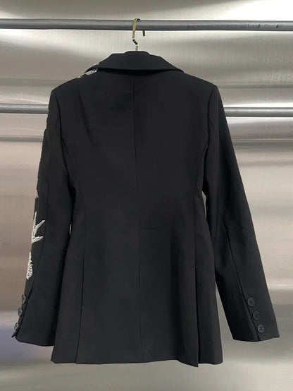 Elegant Black Suit Jacket Women Fashion Beaded Embroidery Designer Single Button New Office Ladies Banquet Luxury Blazers Coat
