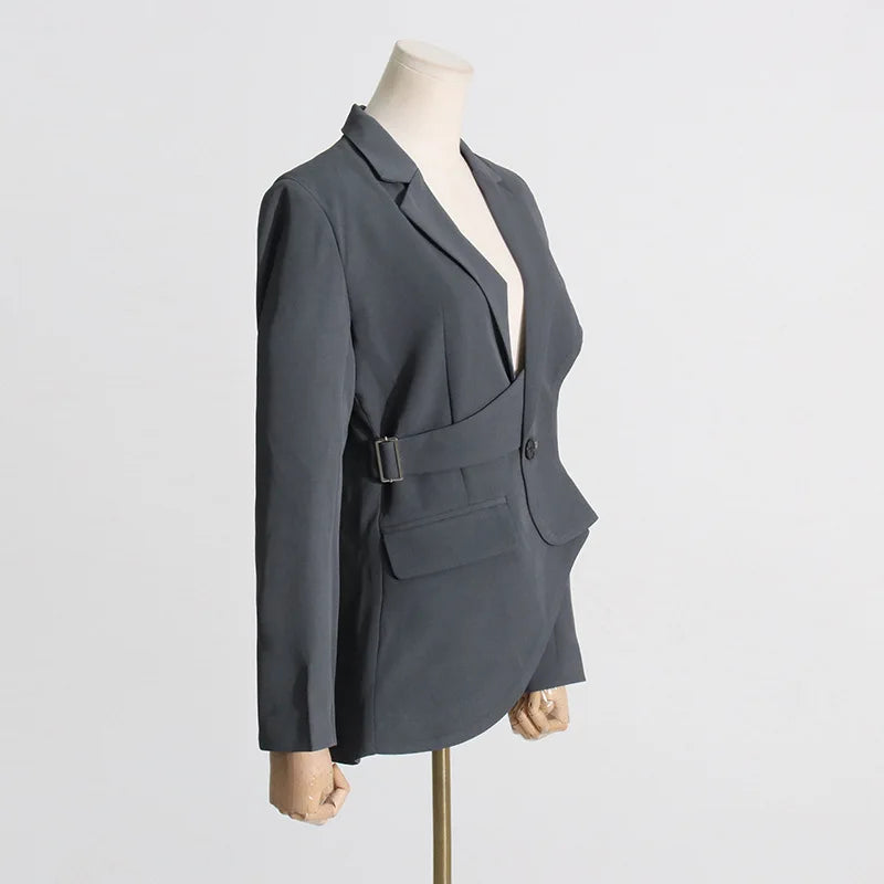 Women's Trendy Elegant High Street Hollow Out Design Pocket Slim Fit Coat Stylish Chic Asymmetric Long Sleeve Blazer HK8293