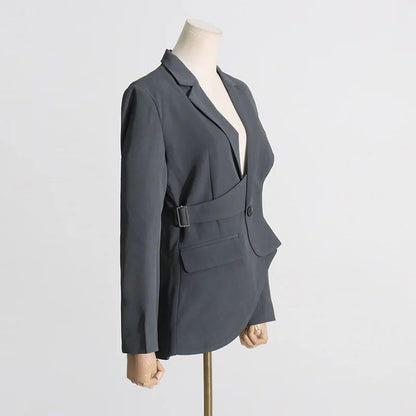 Women's Trendy Elegant High Street Hollow Out Design Pocket Slim Fit Coat Stylish Chic Asymmetric Long Sleeve Blazer HK8293