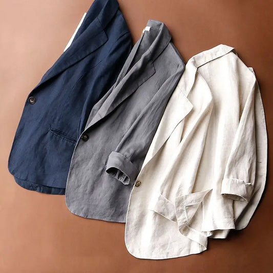 Women's Linen Blazer Loose Fit Single Button 3/4 Sleeve Lightweight Casual Suit Jacket