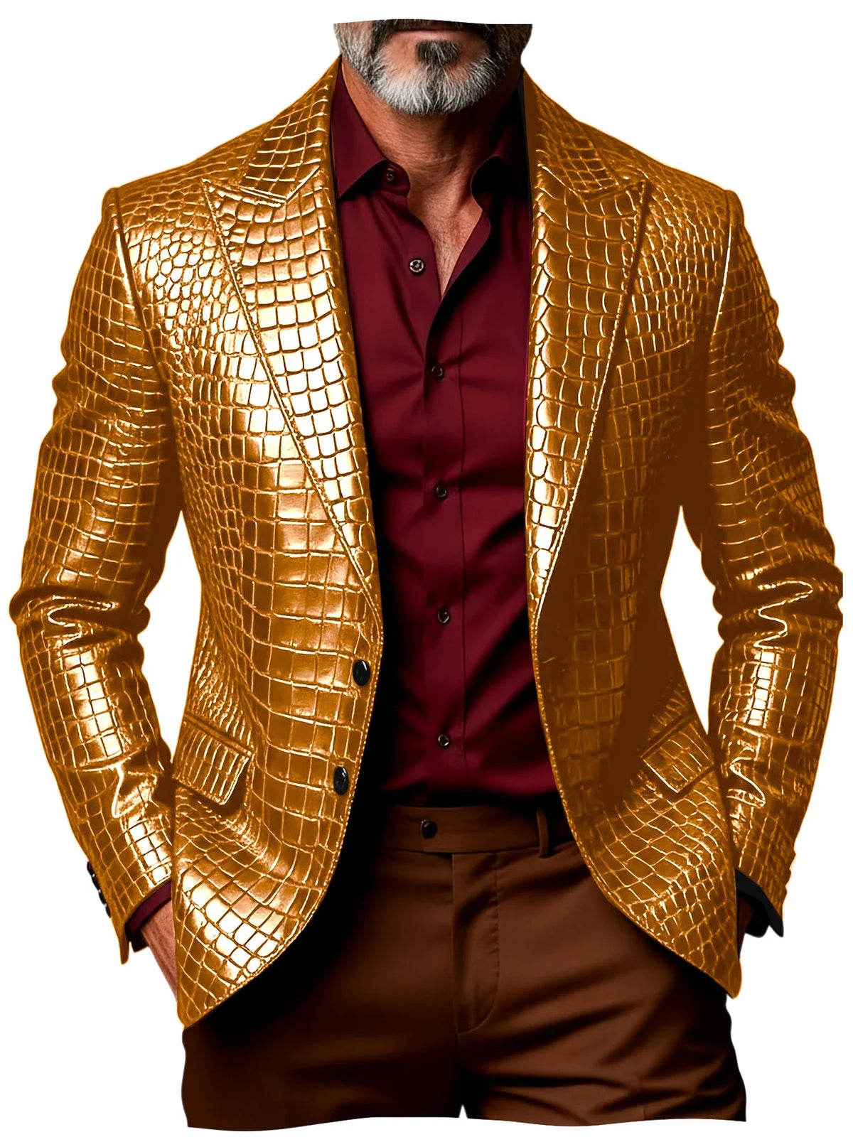 Luxury Men's Crocodile Pattern PU Leather Blazer Notch Lapel Single-Breasted 2 Button Slim Fit Jacket Business Casual for Man