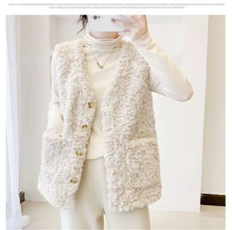 Lady Fashion Vest Outerwear Autumn Winter Female Imitation lamb Wool Waistcoat Coat Korean Women Rabbit 's Hair Sleeveless
