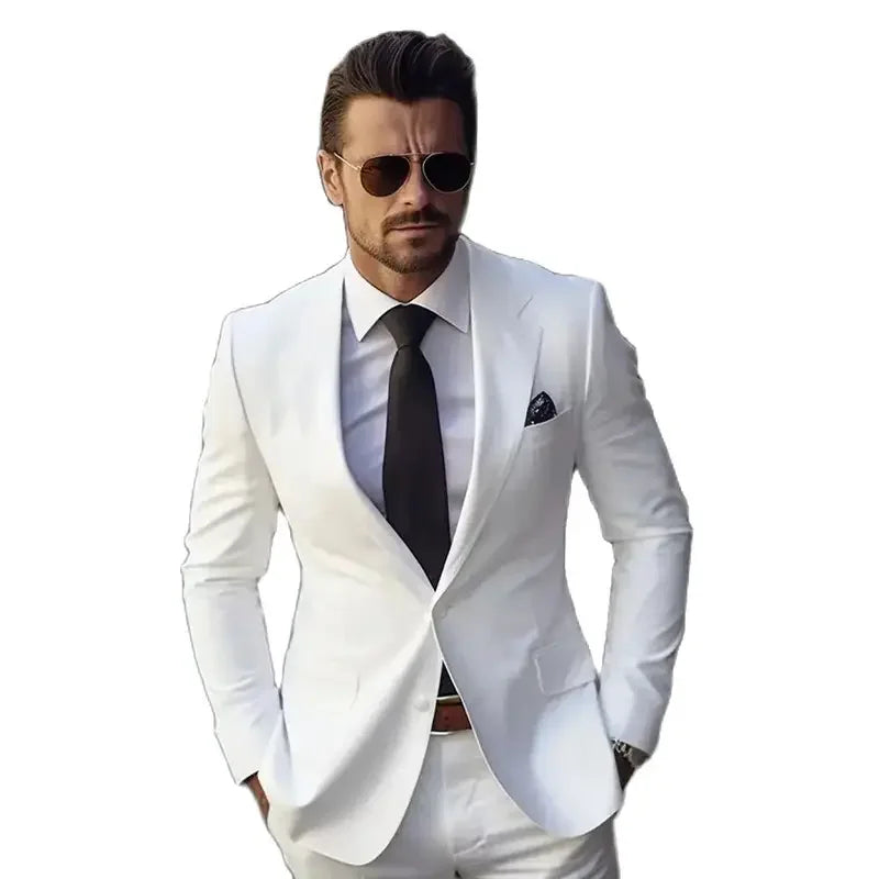 Chic White Men Suits Formal Single Breasted Notch Lapel Skinny 2 Piece Jacket Pants Outfit Gentlemen Office Male Clothing Blazer
