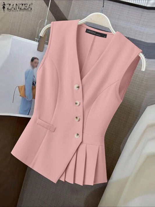 Stylish Diagonal Front Vests Women Casual V-Neck Sleeveless Pleated Hem Lightweight Waistcoats Office Wear Commuting Tops