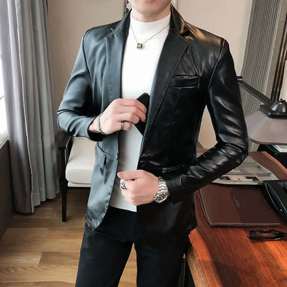 Thin Leather Man Suits and Blazers Simple Breasted Clothing Handsome Classic Menswear High Quality Coats Casual Jacket for Men