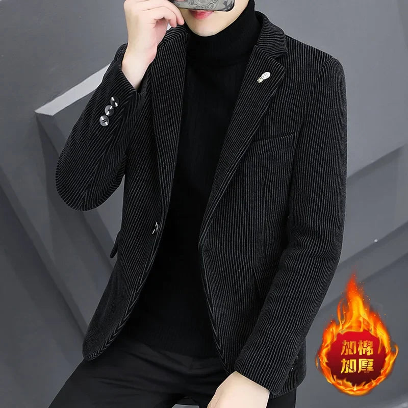 Blazer Autumn/Winter Golden Sable Velvet and Cotton Thickened Thermal Small Suit Fashion Business Men's Slim Blazer