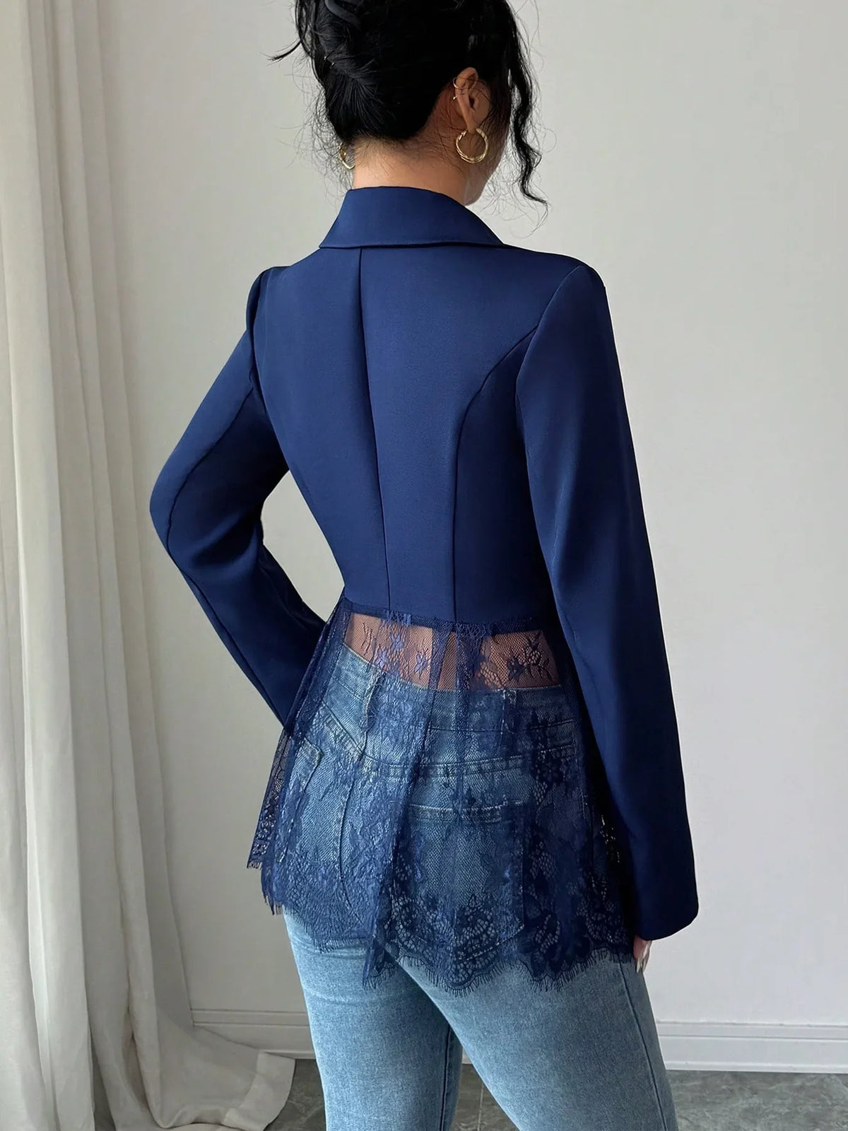 Elegant Style Women's Suit Jacket A-Line Silhouette Lace Waist Color Block Autumn New Arrival Fashion Outerwear