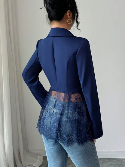 Elegant Style Women's Suit Jacket A-Line Silhouette Lace Waist Color Block Autumn New Arrival Fashion Outerwear