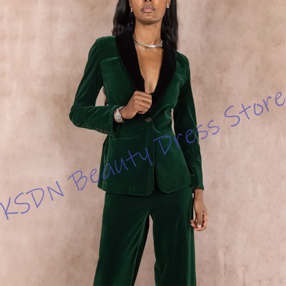 Sophisticated Women's Emerald Velvet Suits 2Piece Set Single Button Jacket with Black Velvet Shawl Lapel Retro Outerwears