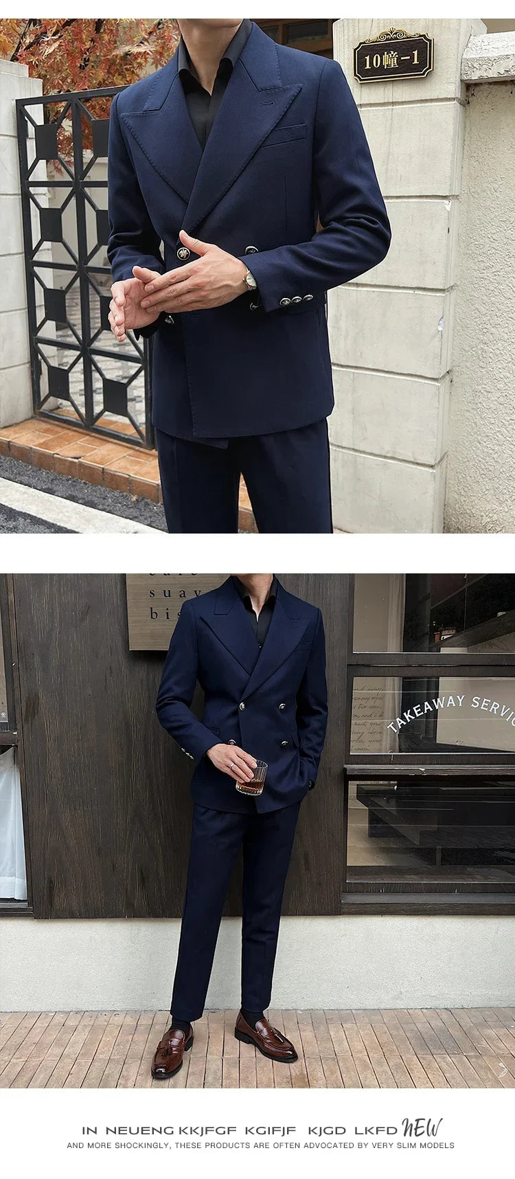 (Jackets+Pant)Fashion Double Breasted Design Men Suit Italian Style Luxury Elegant Business Social Wedding Dress Thick Suit 2Pcs