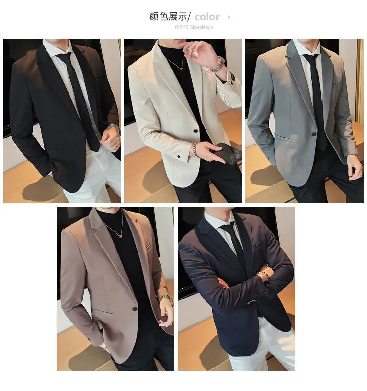 High-Quality Fashionable Men's Slim Fit Business Suit Jacket Autumn Wear Korean Style Pure Color Tweed High-End Feel