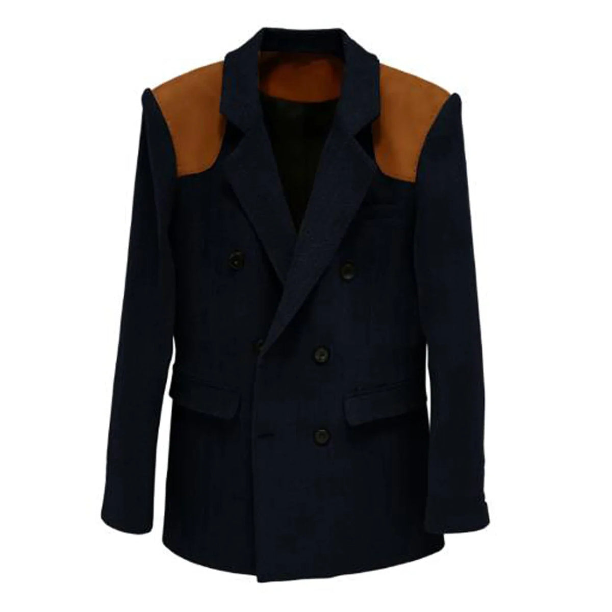 Men's Vintage Herringbone Blazer Contrast Shoulder Patches Double Breasted Wool Blend Suit Jacket Slim Fit Casual Business Coat