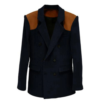 Men's Vintage Herringbone Blazer Contrast Shoulder Patches Double Breasted Wool Blend Suit Jacket Slim Fit Casual Business Coat