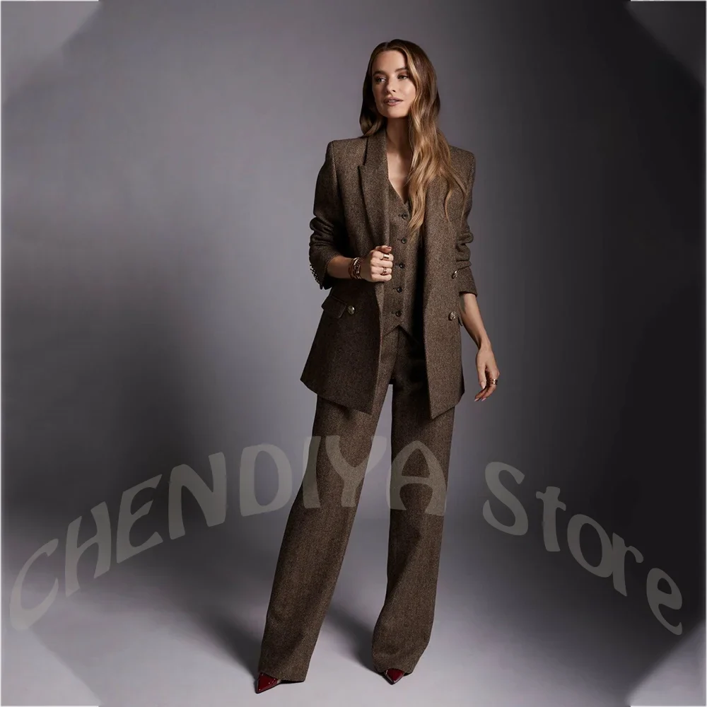 High End Women's Three Pieces Suit Set Double Breasted Blazer Vest Pants Straight Peak Lapel Vintage Office Lady Formal Outfit