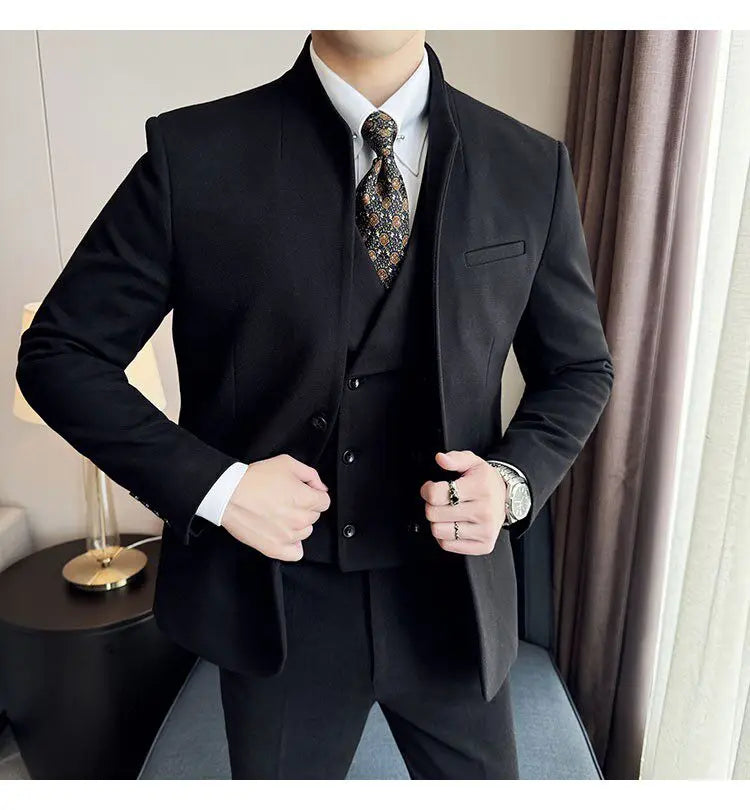 Men's 3-Piece Slim Fit Stand Collar Suit – Wedding, Prom & Office Formal Set