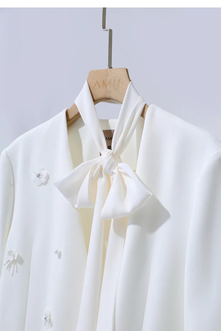 Women's Jacket 2026 Autumn New Elegant Commuter Beaded Flower Chiffon Streamer Tie Blazers Solid Loose V-Neck Top 12641078