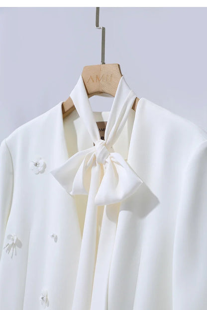 Women's Jacket 2026 Autumn New Elegant Commuter Beaded Flower Chiffon Streamer Tie Blazers Solid Loose V-Neck Top 12641078