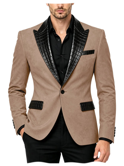 Men's Suede Slim Fit Blazer Jacket Crocodile Pattern Lapel Design Suit Coat Formal Business Prom Wedding Party Tuxedo Outerwear