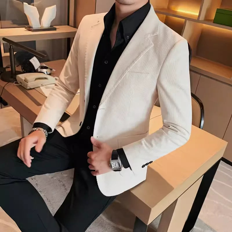 Men's Slim Fit Striped Corduroy Blazer – Smart Casual Single Breasted Suit Jacket