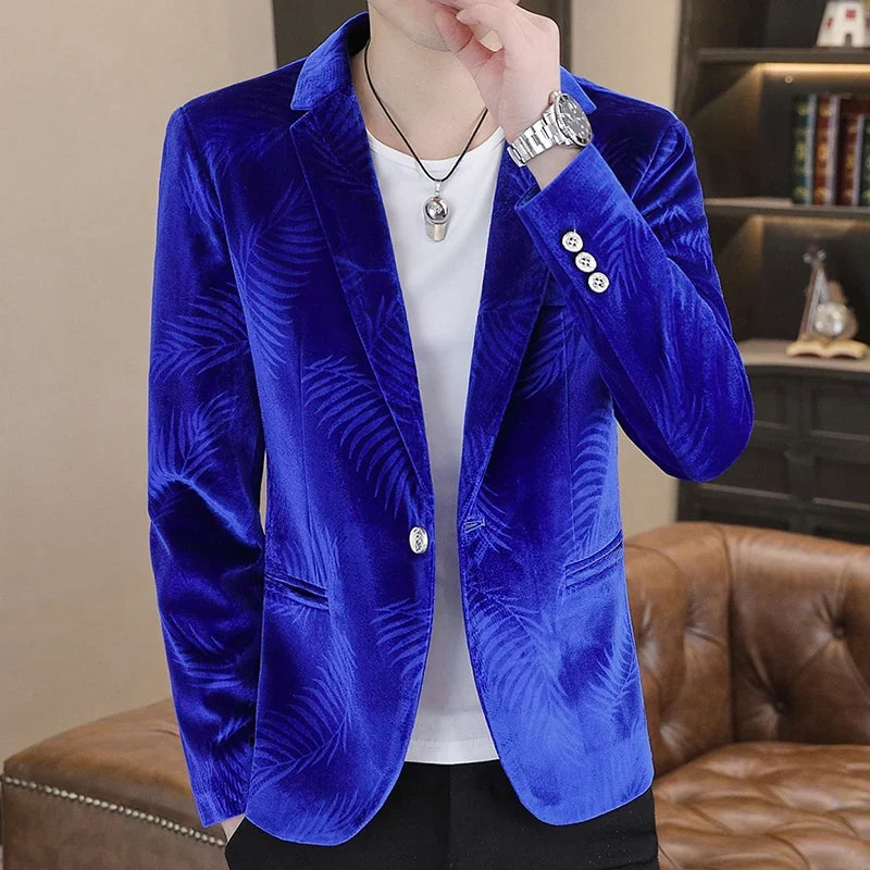 Men's Slim Fit Velvet Blazer – Bamboo Leaf Print Smart Casual Suit Jacket