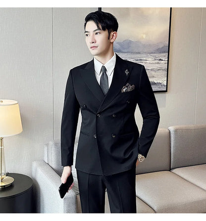 (Jackets +Pants ) Men's Suits 2 Piece High-Quality Double Breasted Lapel Solid Business Groom Wedding Tuxedo Banquet Clothing