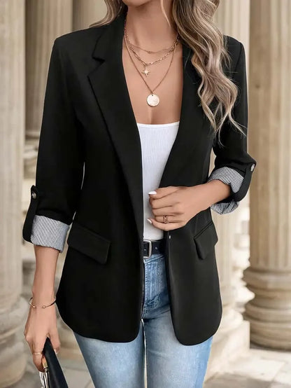 Women's Fashion Black Blazer with Striped Cuff Design Chic Professional Jacket for Casual Wear Slim Fit Long Sleeve Coat