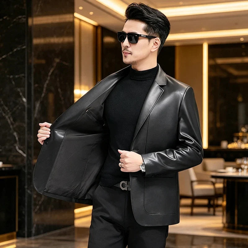 Genuine Leather Jacket Men's Sheepskin Suit Collar Midlife Leather Coat Business Casual Western Style Men's Single-Breasted Top