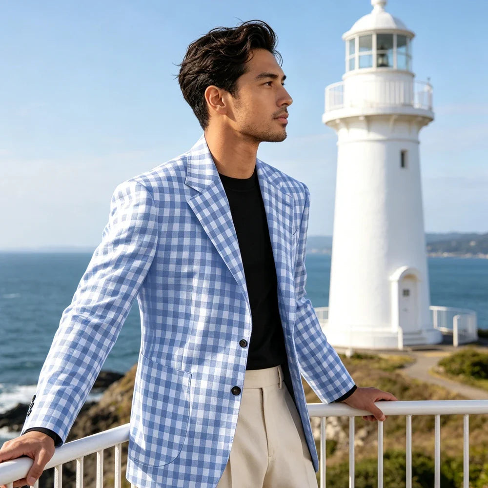 Men's Checkered Cotton Blazer Notched Lapel Single-Breasted Casual Business Summer Sport Coat with Patch Pockets