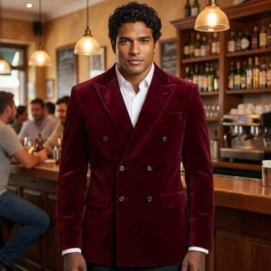 Men's Double Breasted Velvet Smoking Jacket – Slim Fit Blazer for Prom, Groom & Formal Events