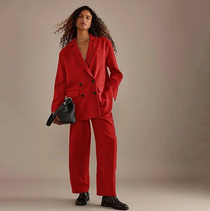 Leisure Brown Double Breasted Women Pants Set High-end Female Two Pieces(Jacket+Trousers)أطقم بناطيل
