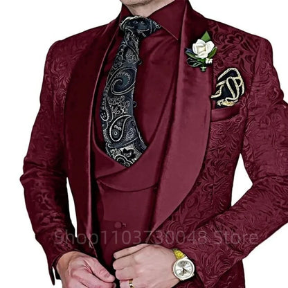 Fashion Jacquard 3-Piece Men's Tuxedo Suit with Shawl Lapel Slim Fit Blazer Vest Pants for Business Wedding Prom Party