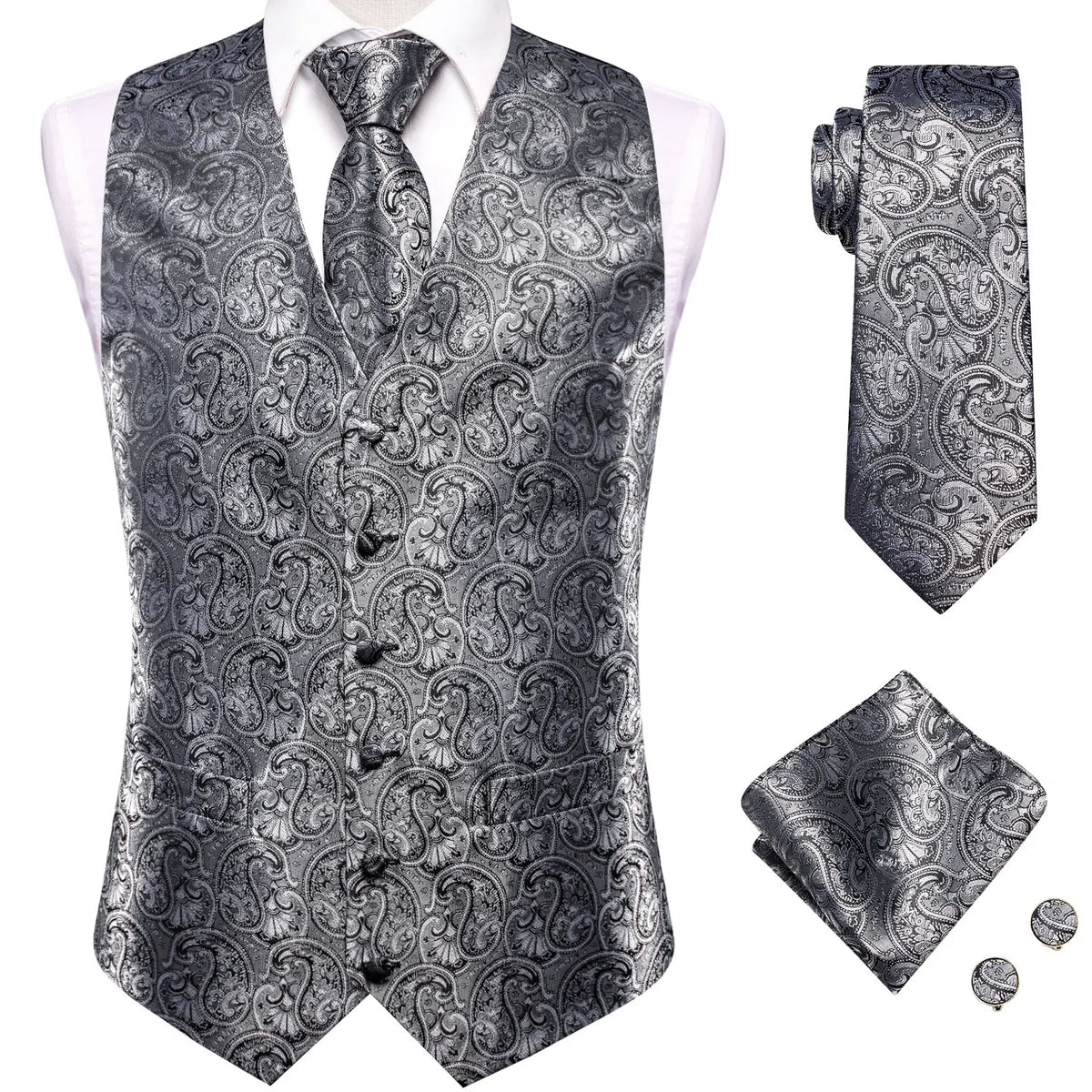 Men's Waistcoat Suit Set with Jacquard Floral Vest, Tie, Hanky & Cufflinks for Wedding and Business