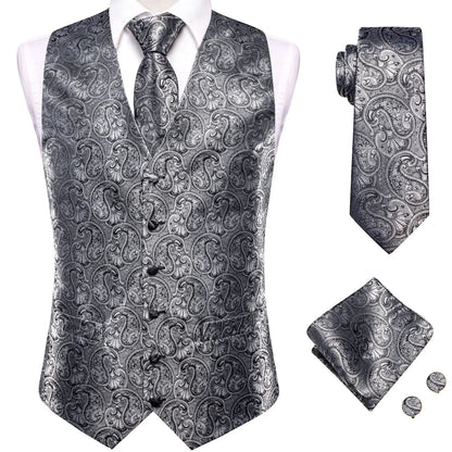 Men's Waistcoat Suit Set with Jacquard Floral Vest, Tie, Hanky & Cufflinks for Wedding and Business
