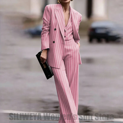 Navy Women's Striped 3 Piece Suit Double Breasted Blazer Vest Wide-Leg Pants Set Fashion Formal Party Office Casual Outfit
