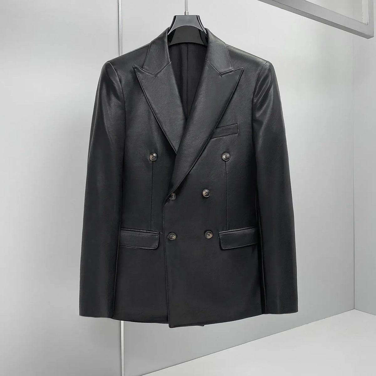 Brand Spring  Autumn Men's Double Breasted Leather Suit Jacket Casual Business Leather Blazers Wedding Groom Social Banquet Coat