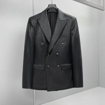 Brand Spring  Autumn Men's Double Breasted Leather Suit Jacket Casual Business Leather Blazers Wedding Groom Social Banquet Coat