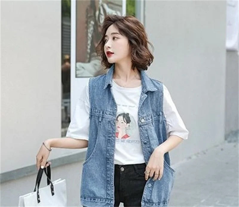 2025 Spring Summer new Fashion V-Neck Denim Vest Women Short Sleeveless Jacket Casual Single-Breasted Jean Waistcoat Female