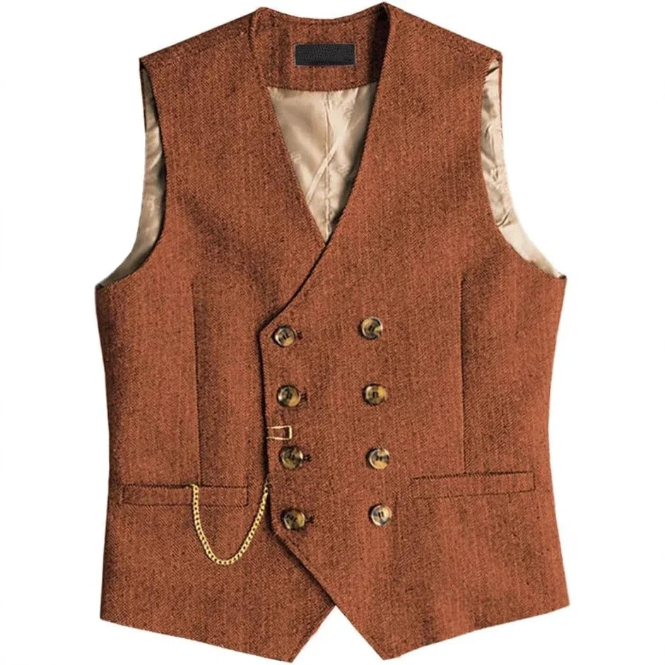 Men's Waistcoat Herringbone Double Breasted Vest for Wedding Banquet