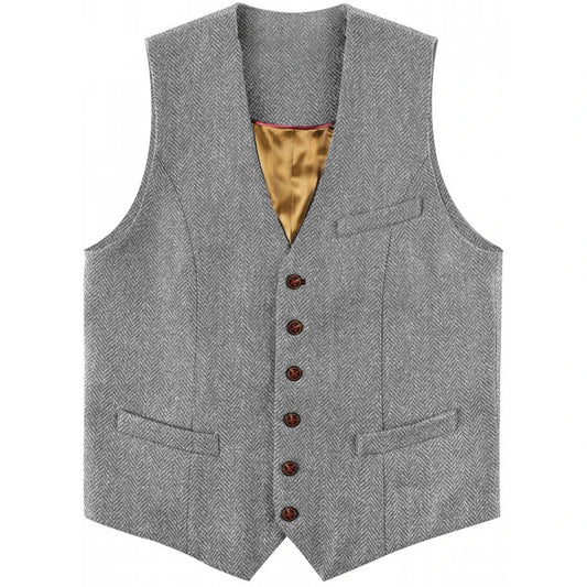 Men's Herringbone Tweed Waistcoat – Slim Fit Single Breasted Vest for Wedding & Business