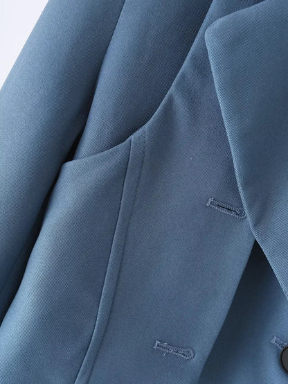 Women's Blue Blazer Jacket Vintage Office Ladies Long Sleeve Single Breasted Cropped Outerwear Suit Coat Y2k 2000s Spring Autumn