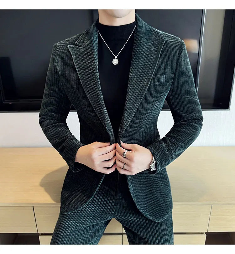 ( Jacket+Pants) Men Corduroy Suit Two-Piece Set High Quality Italian Style Business Suit Luxury Men Formal Wedding Groom Tuxedos