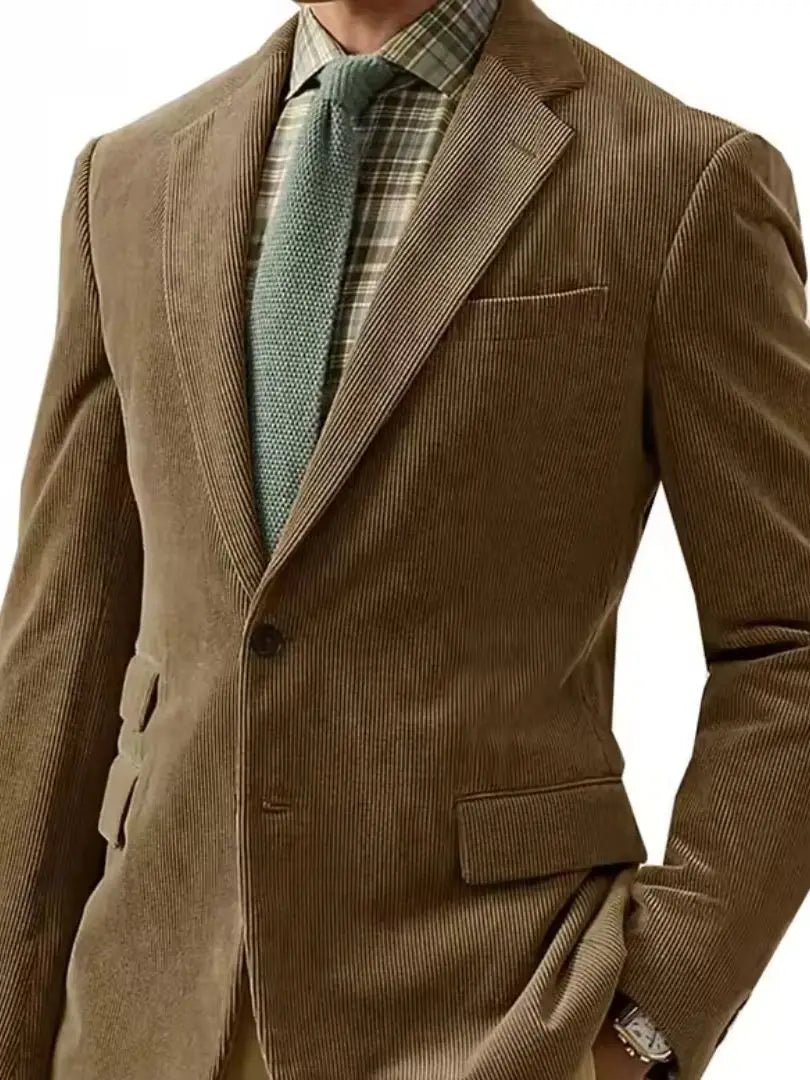 Men's Casual Corduroy Blazer Notch Lapel Single Breasted Slim Fit Dinner Jacket Elegant Suit Coats for Wedding Business