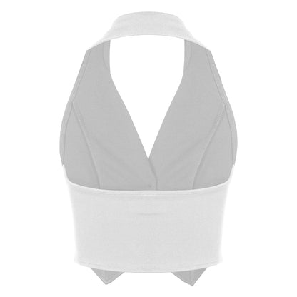 Womens Fashion Vest Shirts Separate Waistcoat Crop Tops Lapel Halter Backless Button Down Pointed Hem Vest for Party Formal Wear