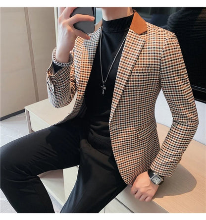 Brand Spring Plaid Men Blazers Business Casual Suit Jacket Men Clothing High-quality Streetwear Social Wedding Groom Dress Coat