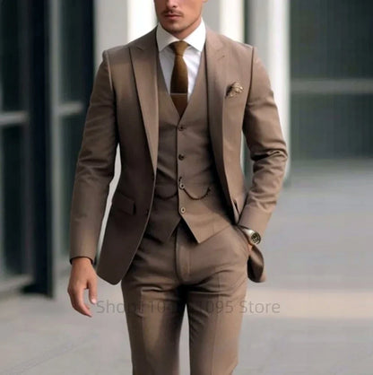 Classic Wedding Tuxedos Solid 3 Pieces Suits Slim Fit Groomsmen Suit Male Formal Business Men Clothing Party(Jacket+Vest+Pants)