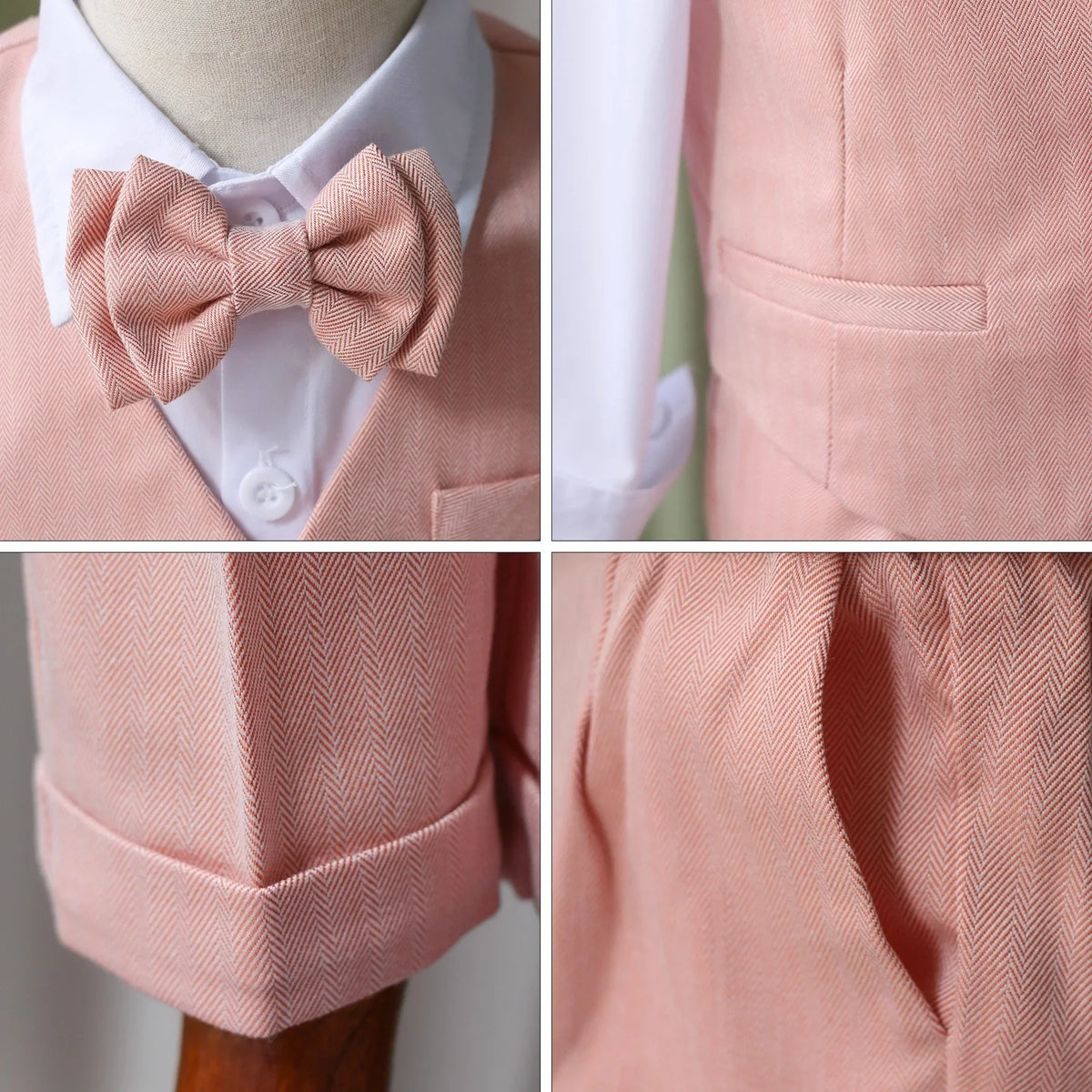 Kids 5Pieces Pure Pink Suit Set With Jacket Vest Pants Bowtie Brooch Boys Wedding Birthday Party Piano Performance Costume