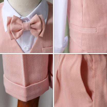 Kids 5Pieces Pure Pink Suit Set With Jacket Vest Pants Bowtie Brooch Boys Wedding Birthday Party Piano Performance Costume