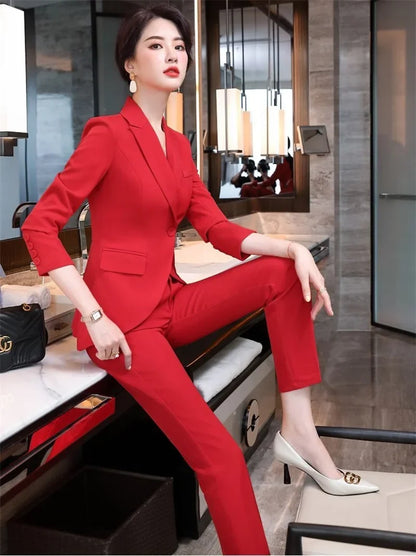 Slim 2 Piece Sets Office Wear Women 2025 New Fashion Turn Down Collar Single Button Blazers Casual Pencil Pant Suits