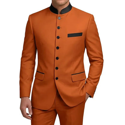 Men's 2-Piece Serge Suit Mandarin Collar Slim Fit Formal Set for Weddings and Business
