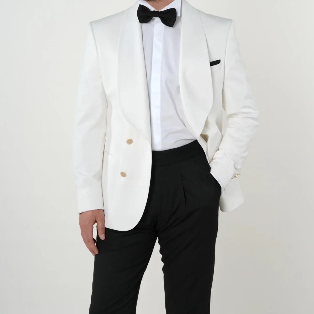 Men Suit 2 Pieces White Black With Lapel Gold Double Button For Wedding Business Banquet Party Office Daily Work Jacket Pants